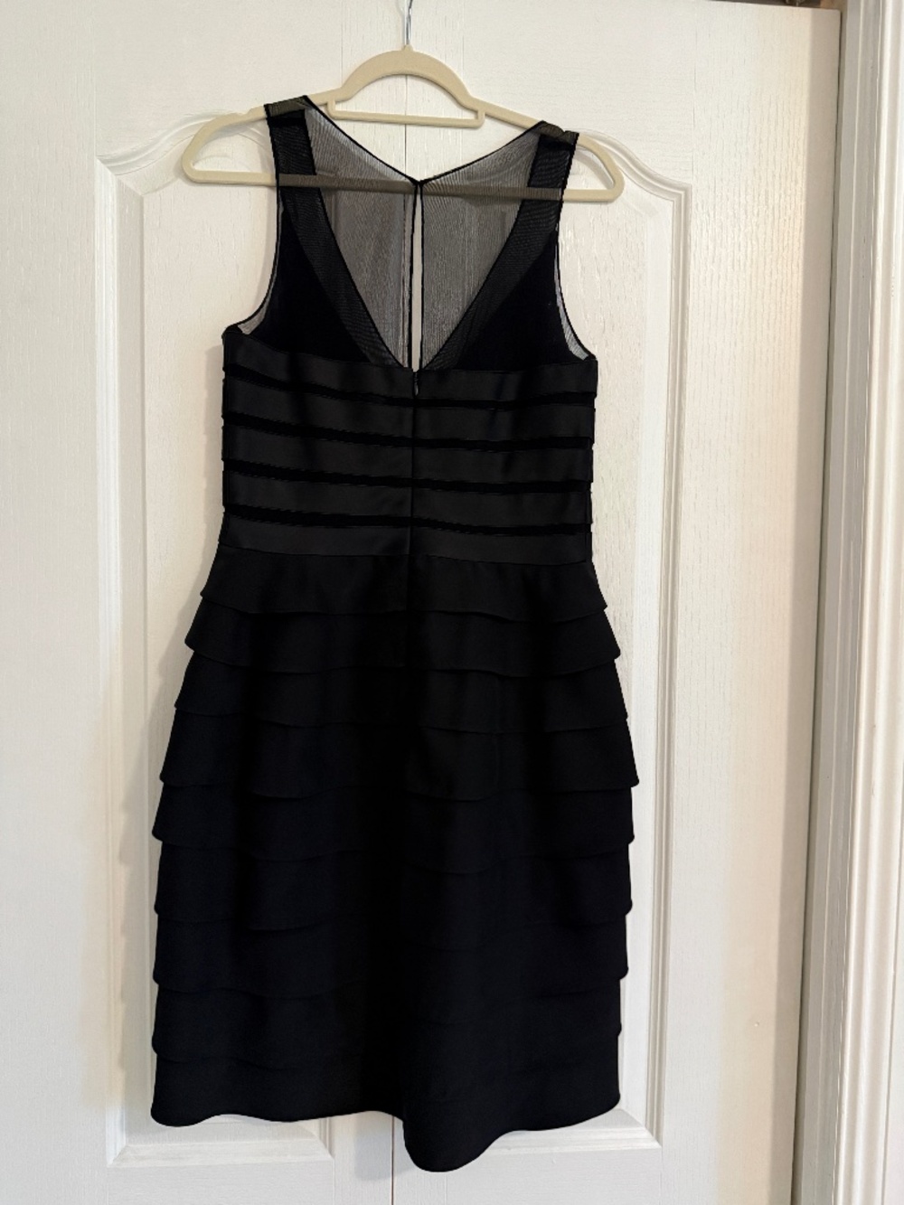 Xscape Joanna Chen Black Tiered High Low Cocktail Dress Size 14 Mesh V Neck